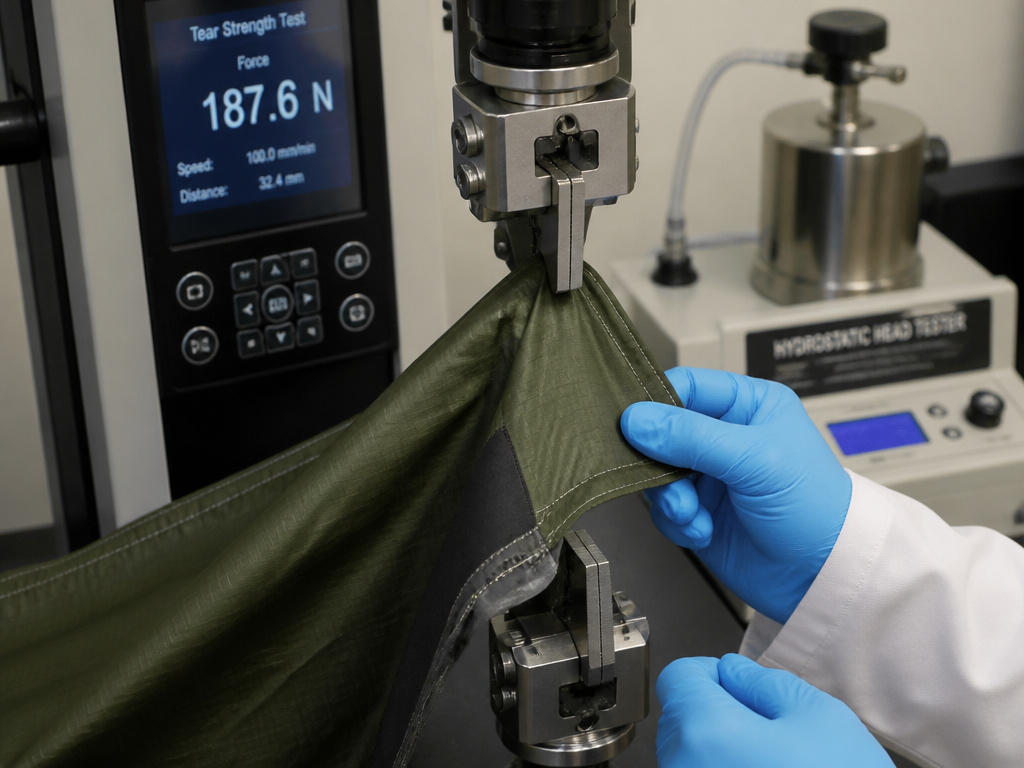 Laboratory testing tent fabric for tear strength and waterproofing to ISO standards.