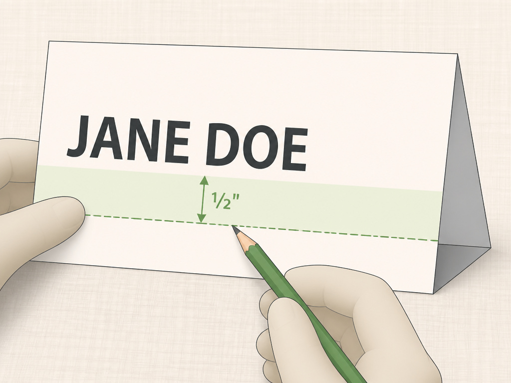 Diagram showing proper font size and buffer zone on a folded name tent.