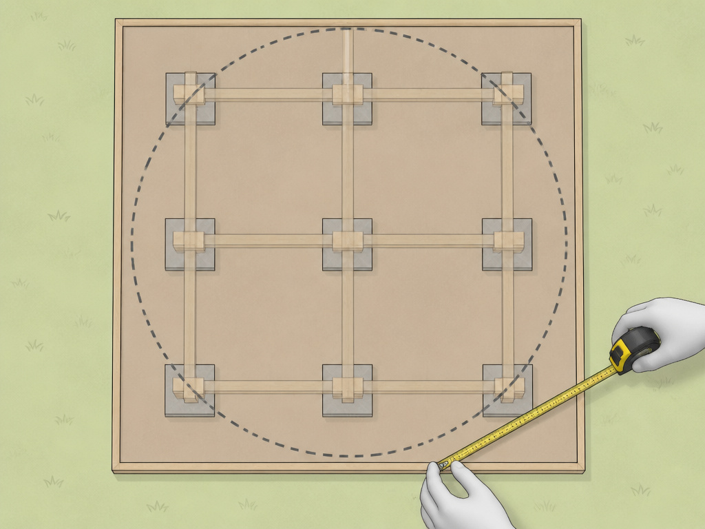 Tent platform sizing grid diagram showing clearance and foundation block spacing.