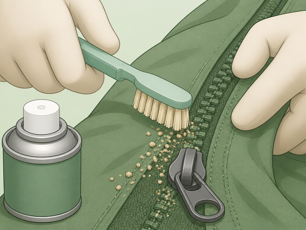 Close-up illustration of dry-brushing and lubricating a tent zipper for maintenance.
