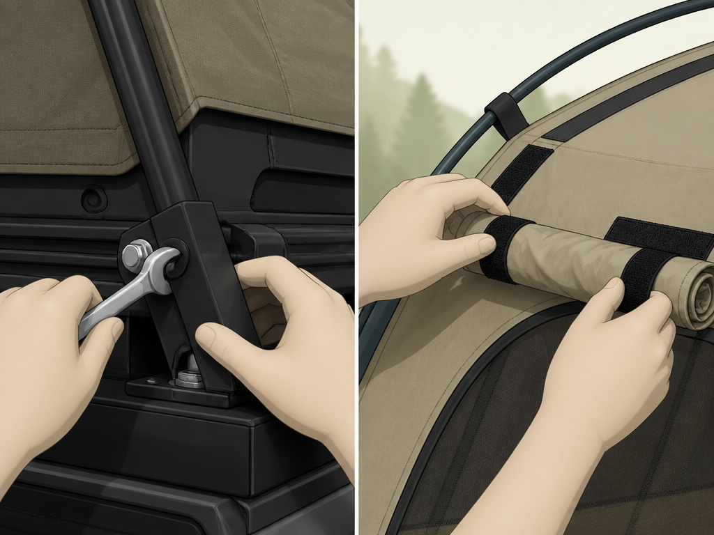 Comparing folding techniques for vehicle-mounted and freestanding shower tents.