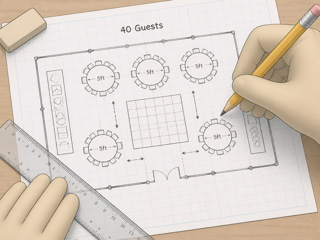 Scaled floor plan sketch for a 40-guest tent layout on graph paper.