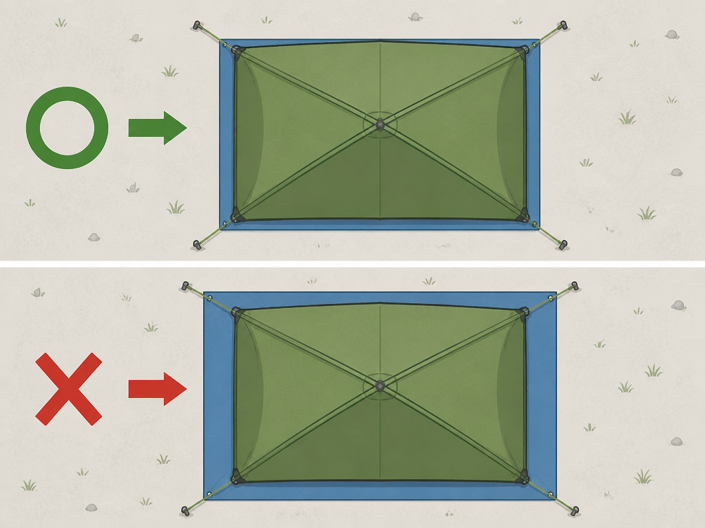 Correct and incorrect tent footprint placement diagram for camping setup.