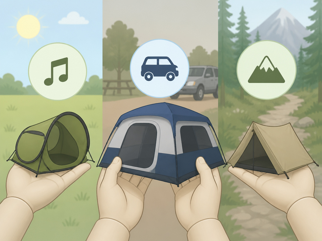 Three types of cheap tents matched for festival, car camping, and backpacking trips.