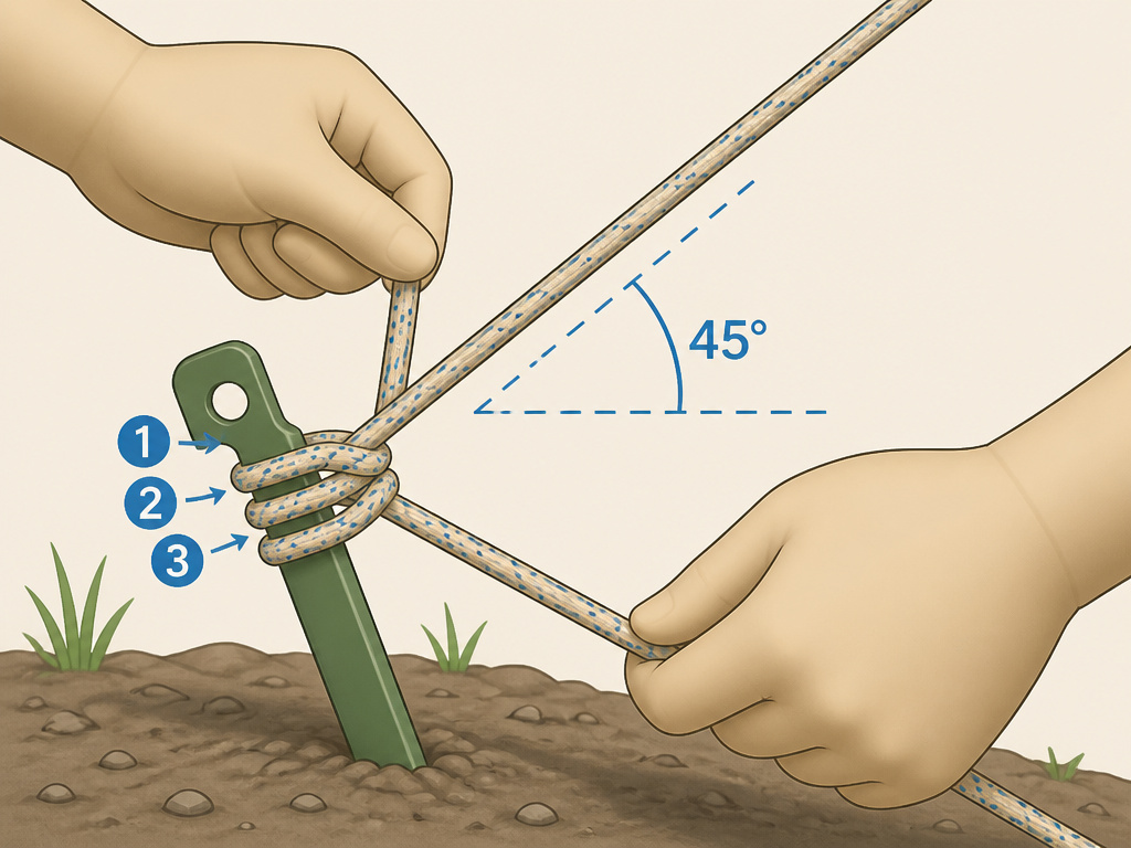 Close-up diagram of hands tying a taut-line hitch knot on a tent guy line.
