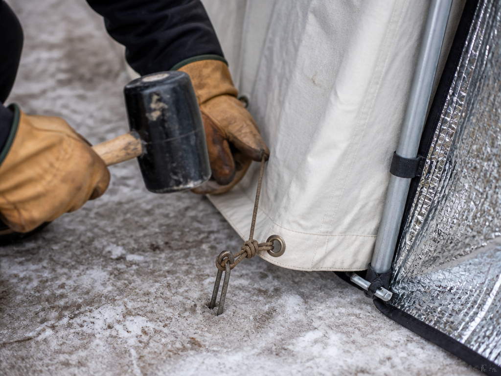 Securing a winter party tent with stakes and a thermal liner to retain heat.
