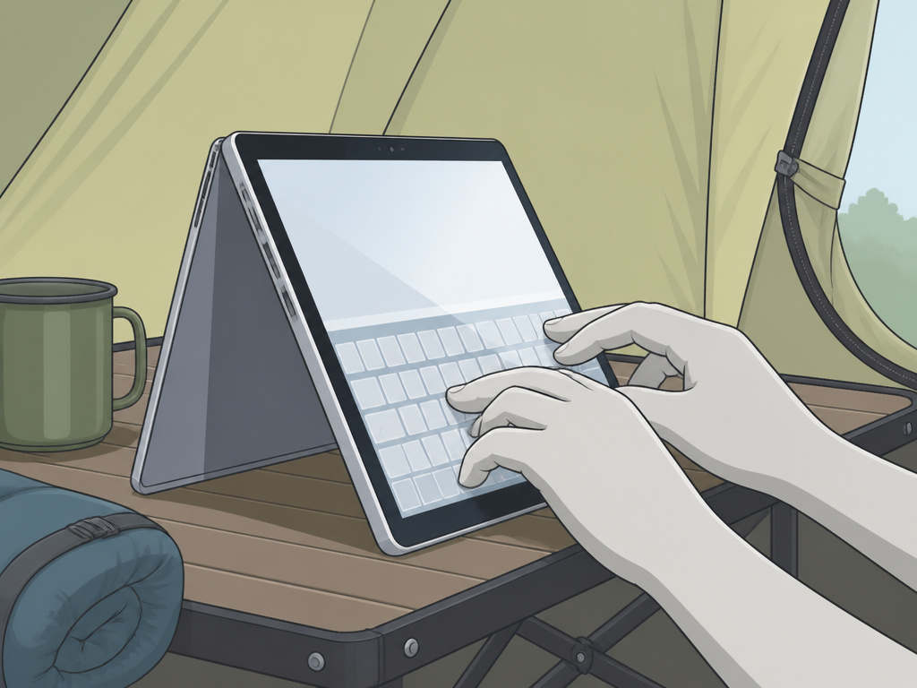Surface Pro in tent mode used on a camping table inside a shelter.