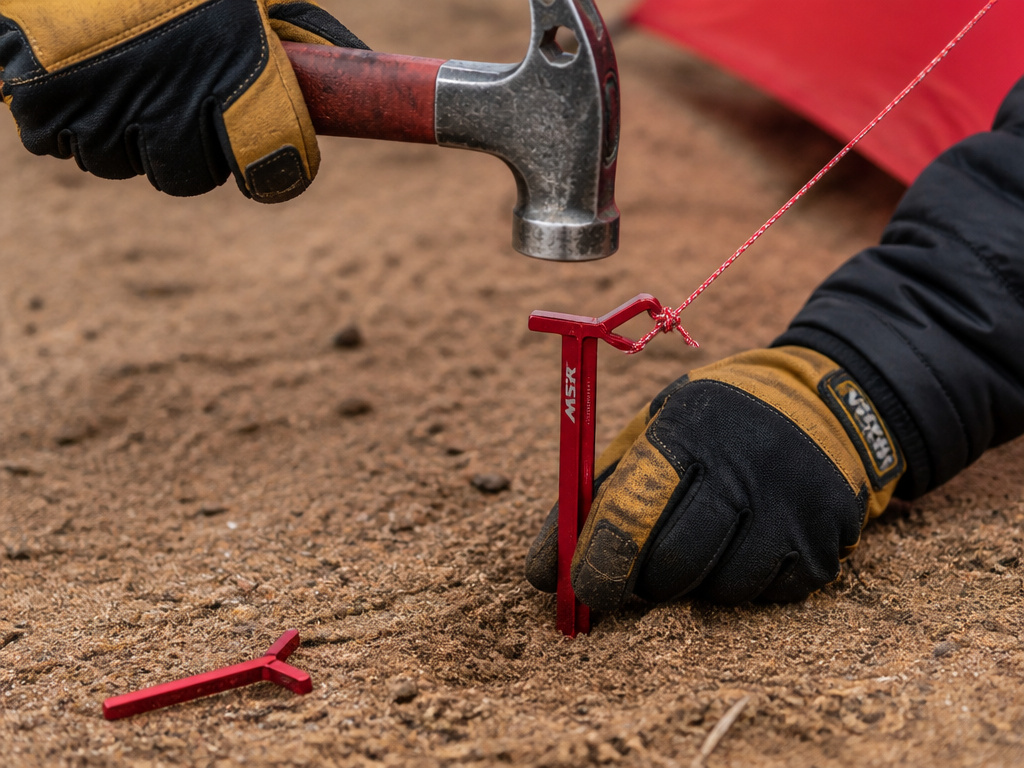 Anchoring a tent guy rope with a long sand stake in loose ground.