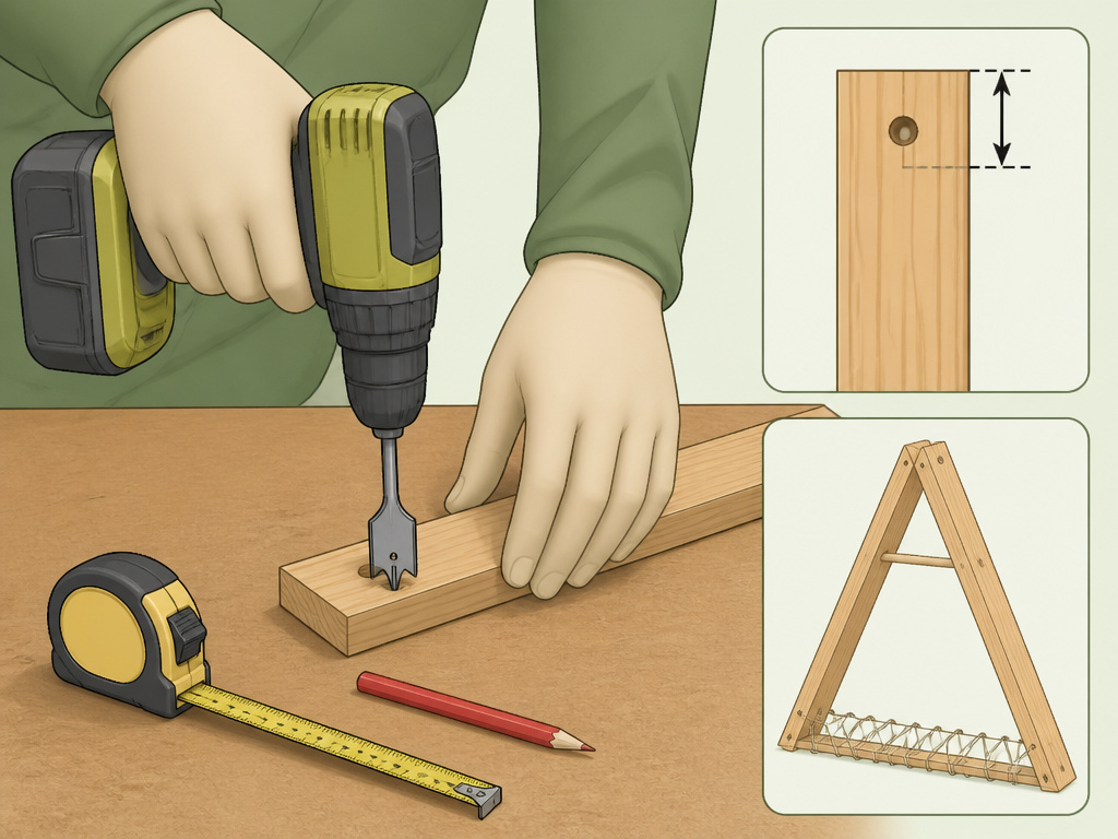Cartoon diagram showing how to drill and assemble a slumber party tent A-frame.