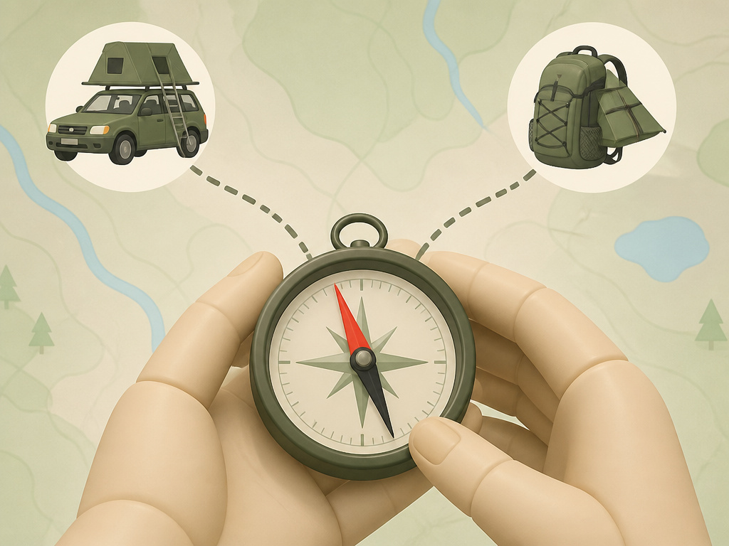 A compass points to car camping and backpacking tent purchase channels.
