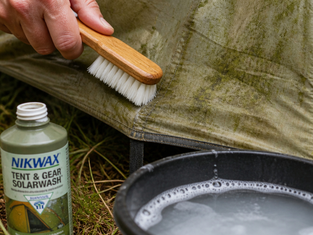 Cleaning mold from tent fabric with a brush and technical cleaner solution.
