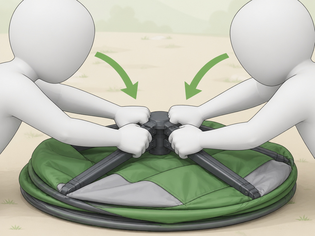 Two people correctly closing a pop-up tent by pushing the frame inward together.