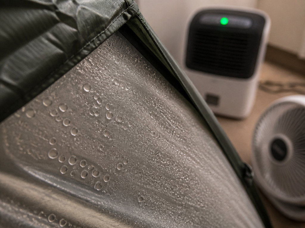 Drying a wet tent indoors using a dehumidifier and fan in humid conditions.