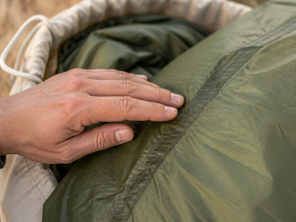 Checking a tent seam for dampness before storage to prevent mold.