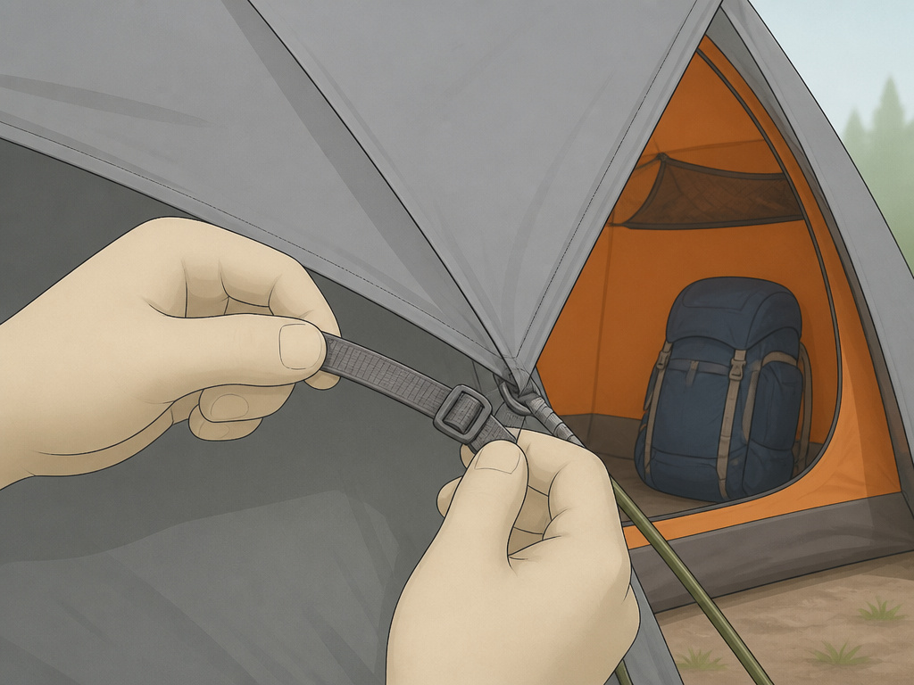 Camper tightening rain fly and organizing gear inside a pitched tent.
