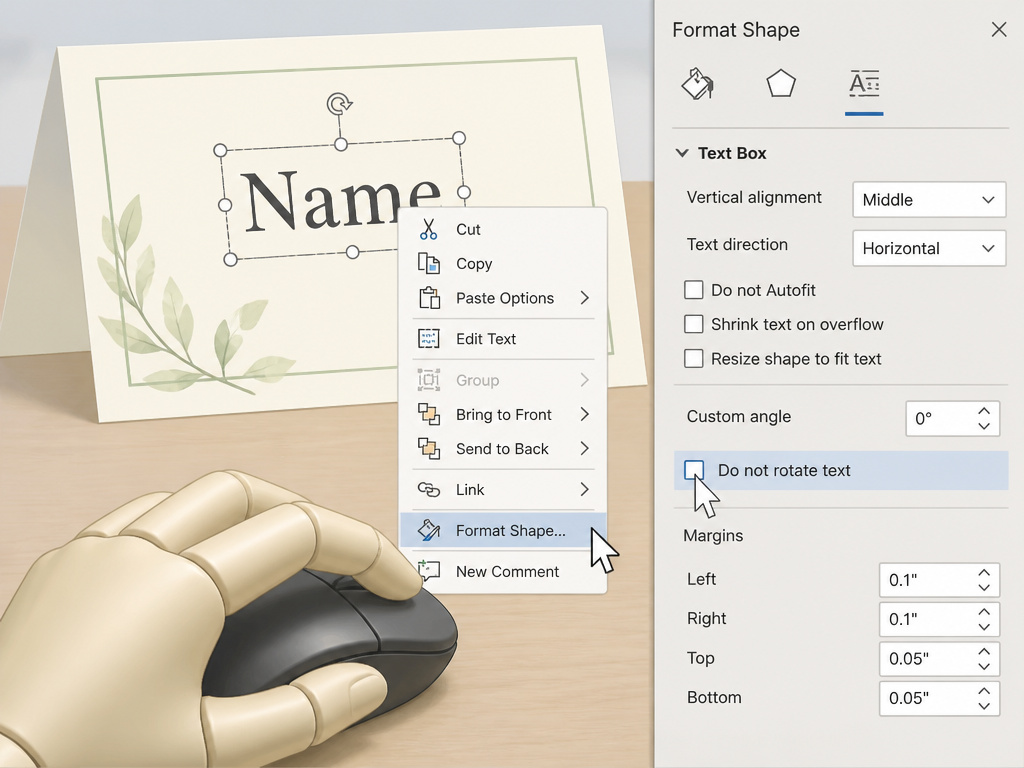 Fixing text rotation in a Word name tent by unchecking 'Do not rotate text'.
