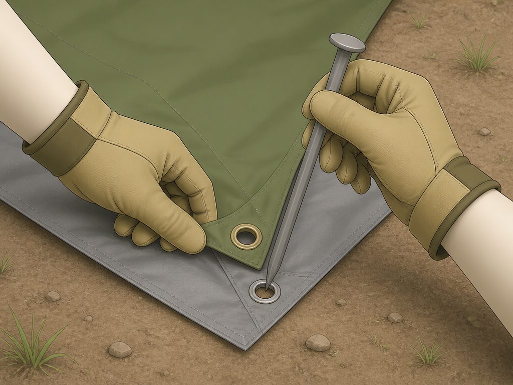 Properly aligning a tent and ground tarp grommet before staking.