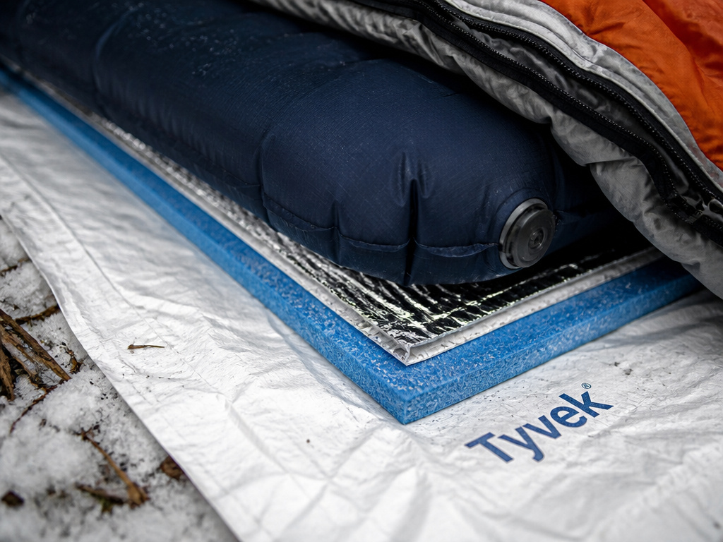 Layering a foam pad and inflatable pad for insulating a tent floor in winter.