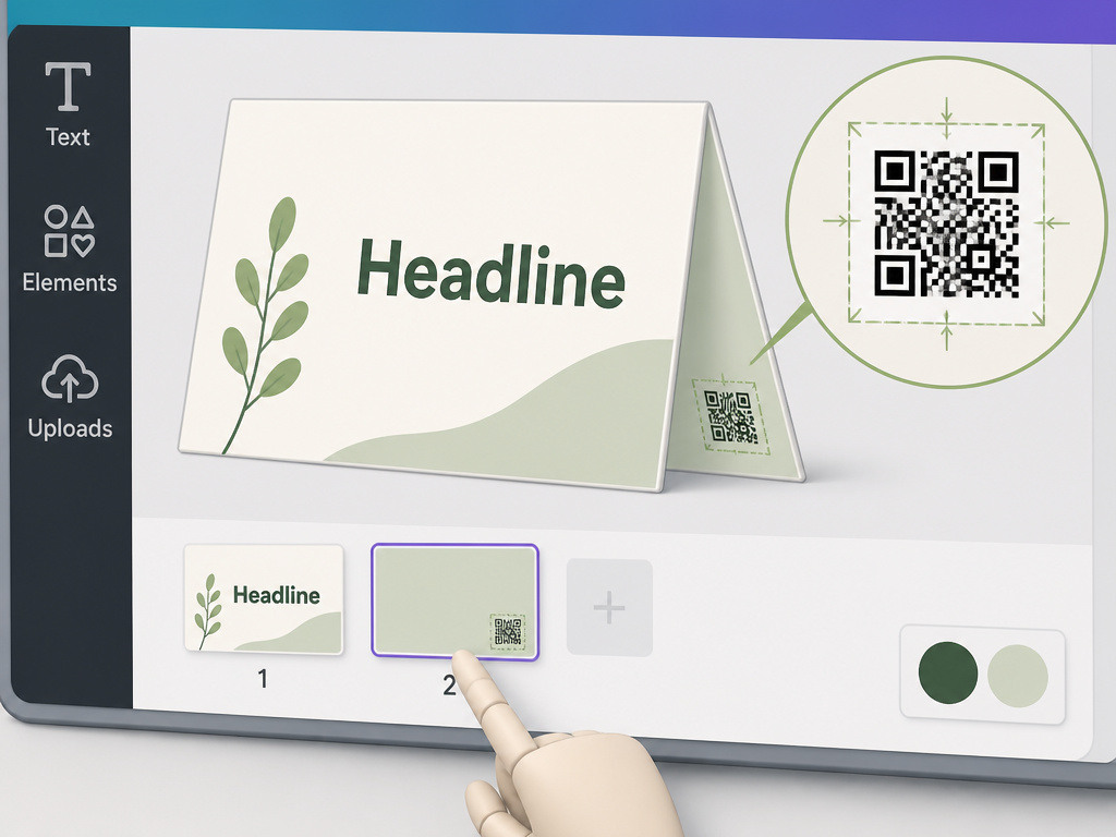 Canva workspace layout for table tent design showing two panels and a QR code detail.