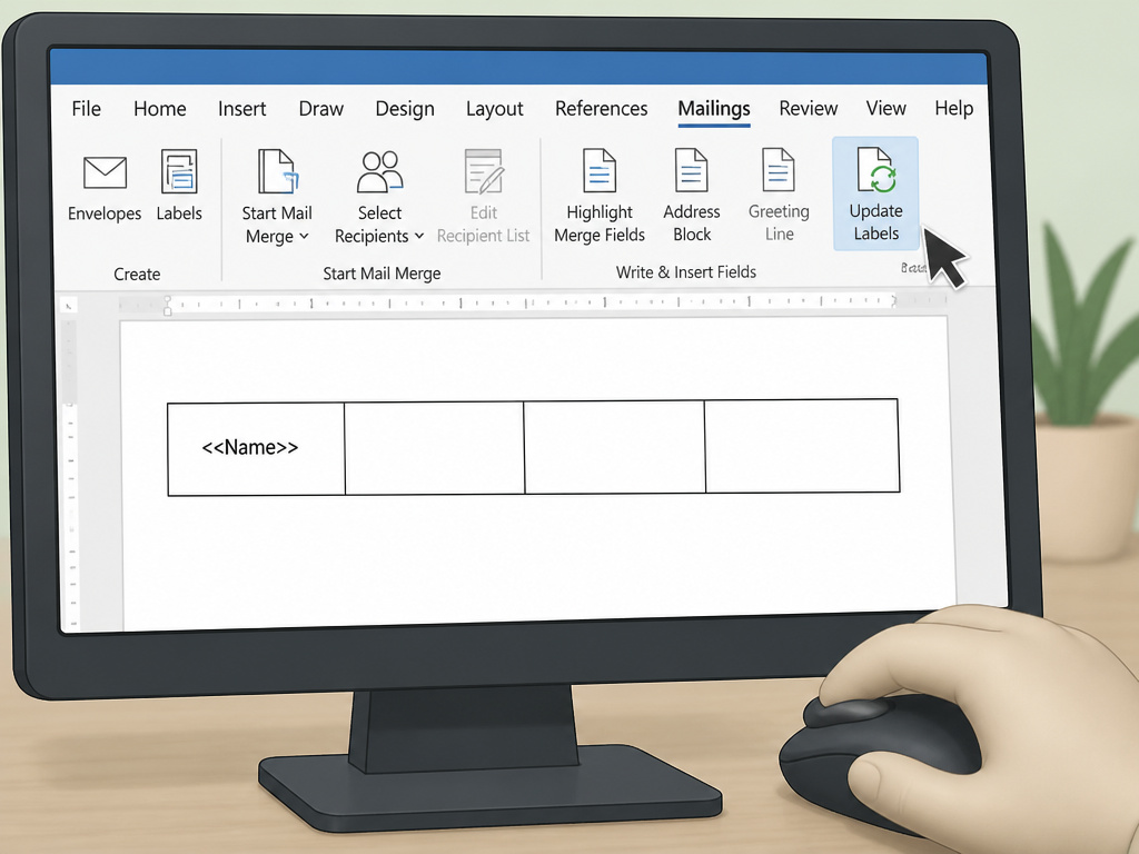 Mail merge interface in Microsoft Word showing the Update Labels button for name tent creation.