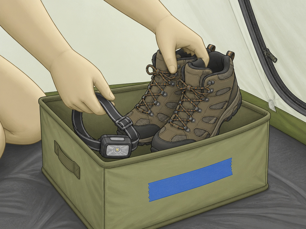 Designated landing zone bin for shoes and gear inside a camping tent.