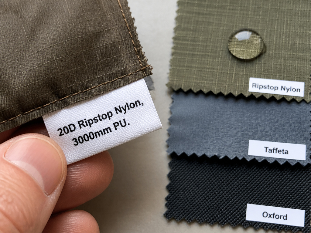 Close-up of tent fabric spec tag and material swatches showing denier and weave types.