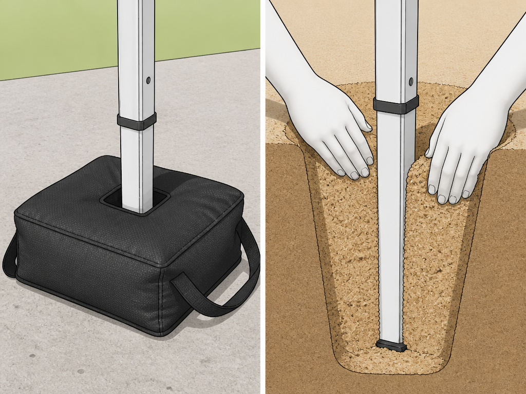 Securing a canopy tent on concrete with weights versus burying legs in sand