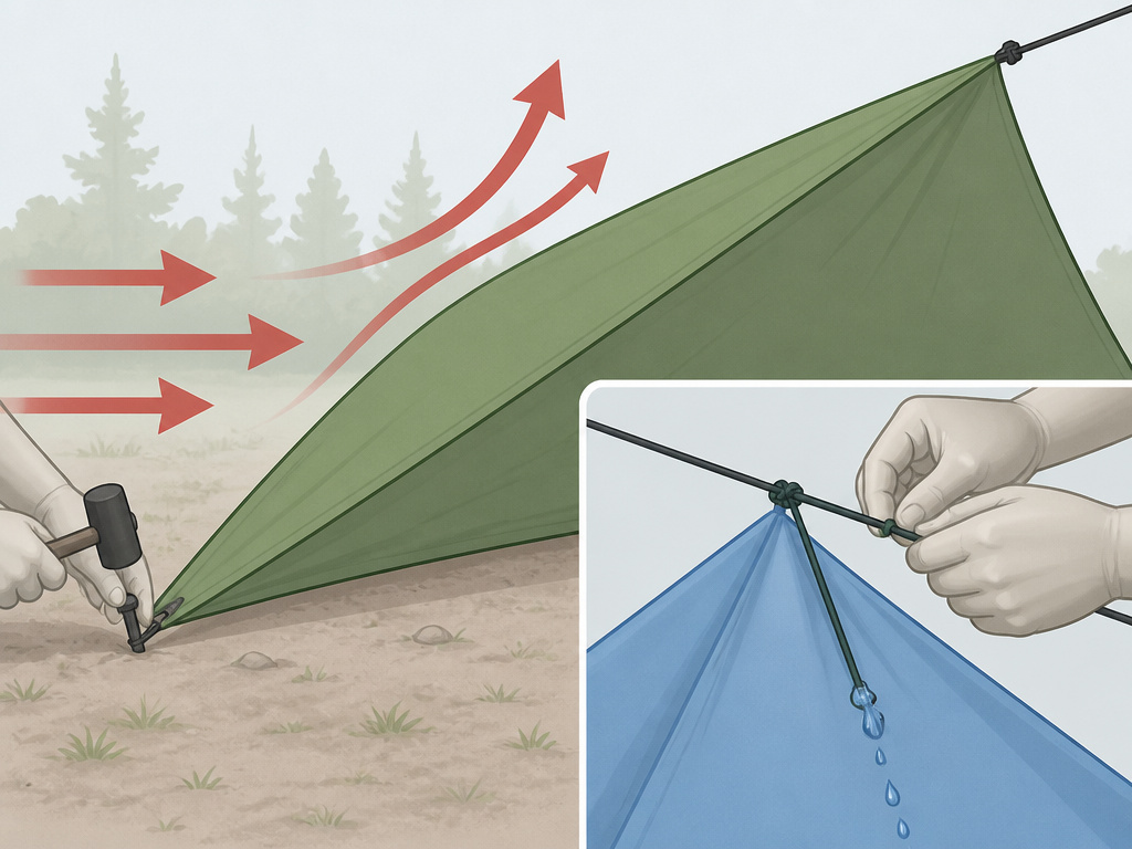Diagram showing plow point tarp setup for deflecting high winds and creating a steep pitch for rain.
