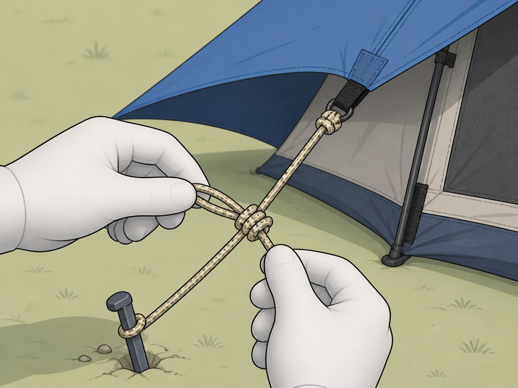 Close-up diagram of tying a taut-line hitch knot on a tent guyline.