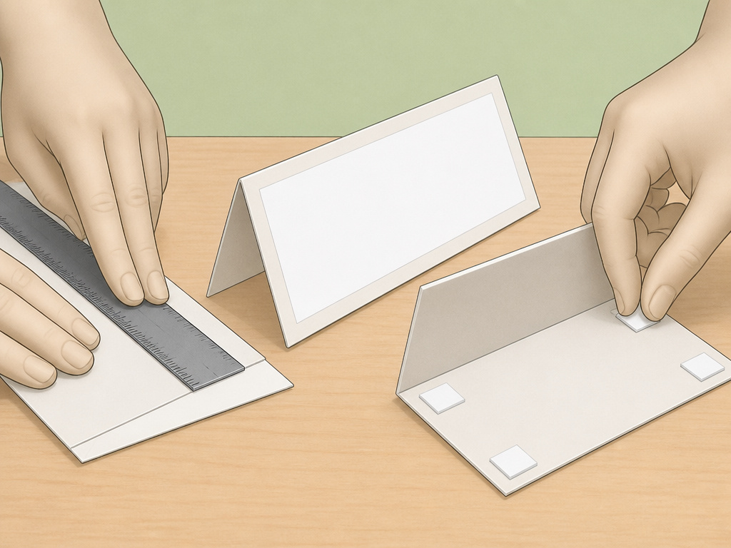 Cartoon illustration of hands fixing common name tent issues like flimsy bases and poor readability