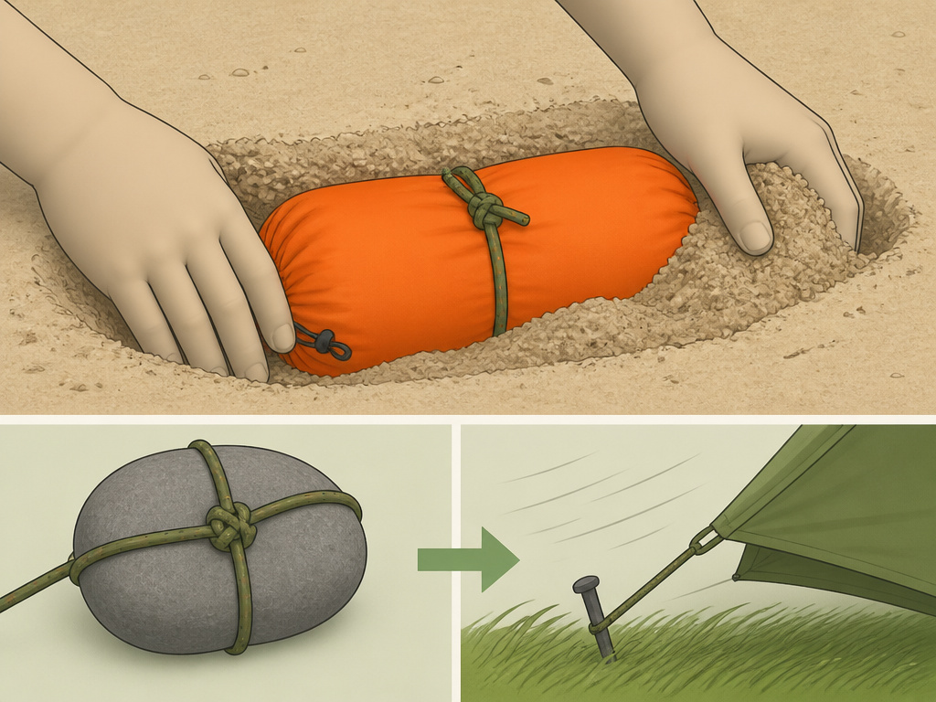 Techniques for staking a tent in sand, rock, and wind using deadman anchors and rock assists.