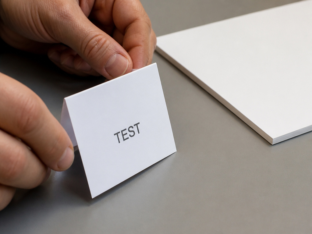 Testing a paper tent card prototype for wobble before using cardstock.