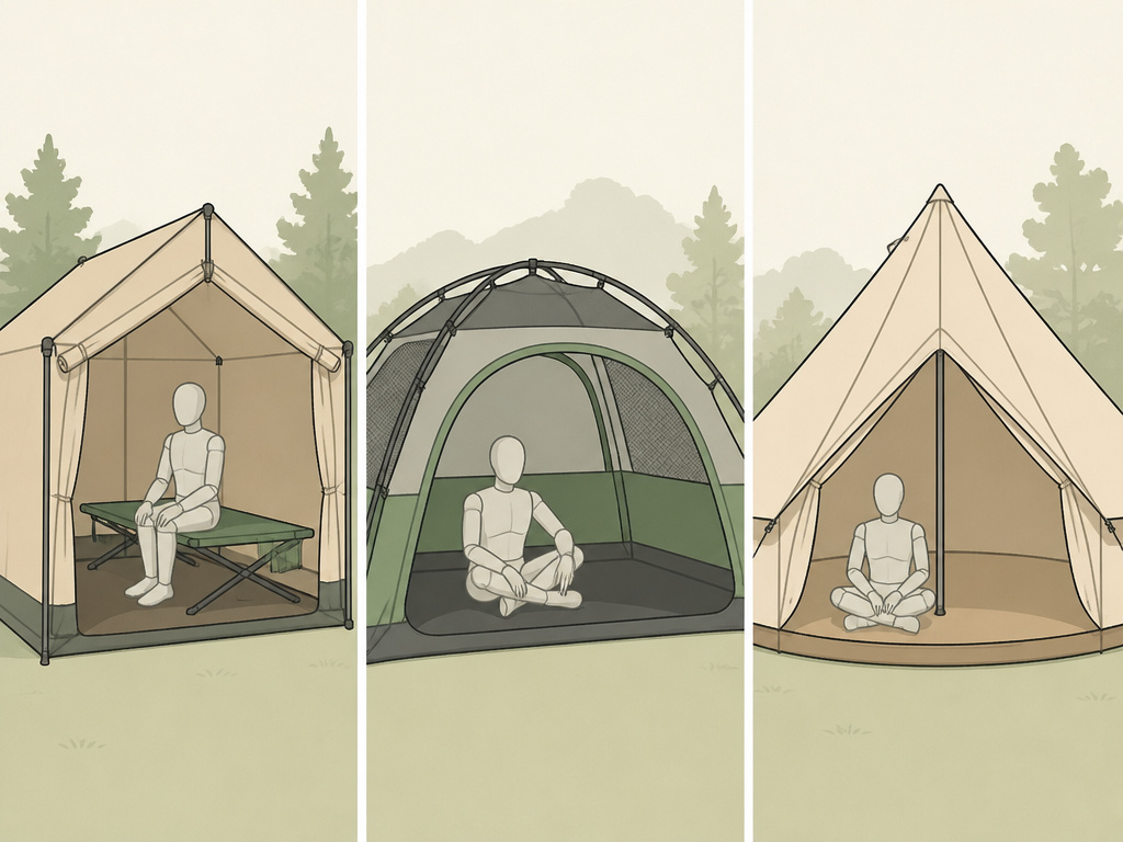 Diagram comparing the shapes of a wall tent, family dome tent, and bell tent.