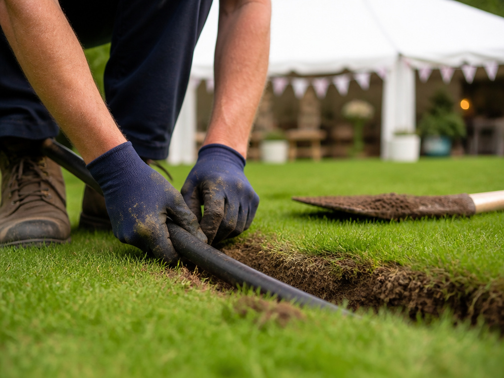 Burying cables on the lawn at the GBBO tent's permanent location.
