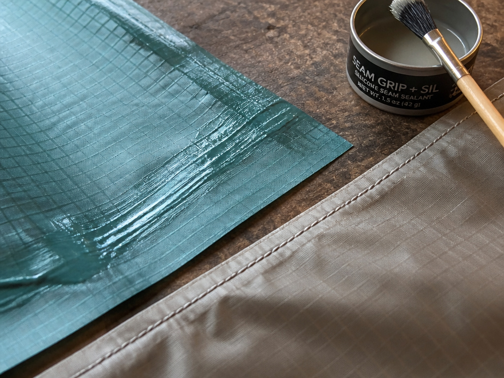 DIY tarp tent hand-sealed seam compared to factory machine-sewn seam