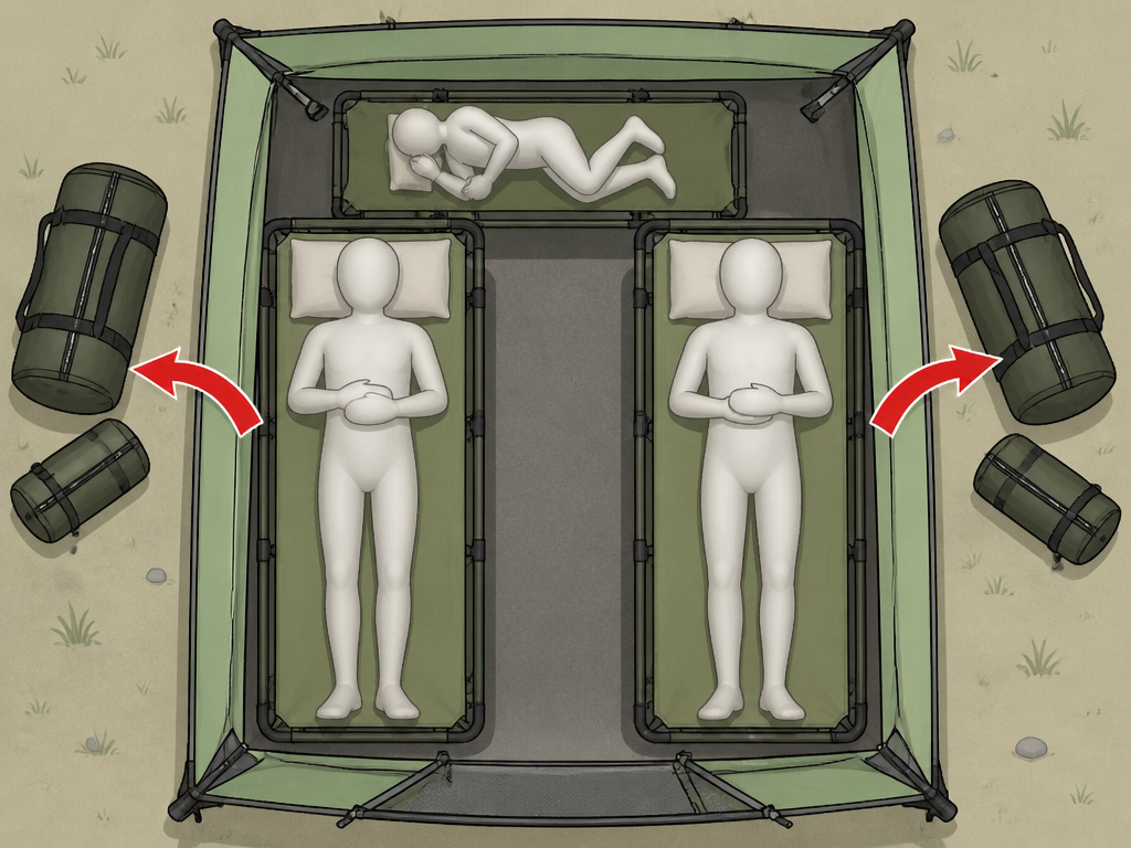 Diagram showing a 10x10 tent layout for three adults with cots
