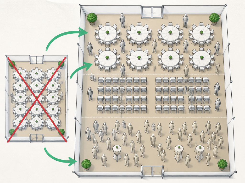 Diagram comparing 20x20 tent capacity for seated dinner, theater, and standing events.