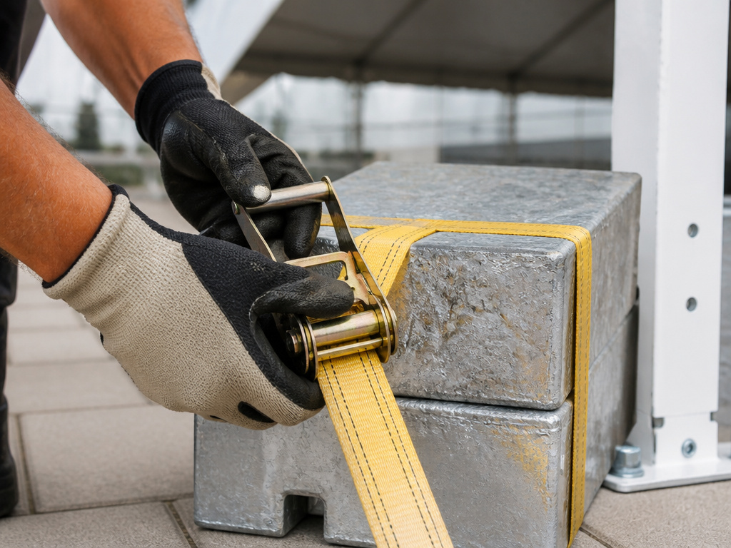 Concrete ballast block anchoring a large frame tent on a hard surface.
