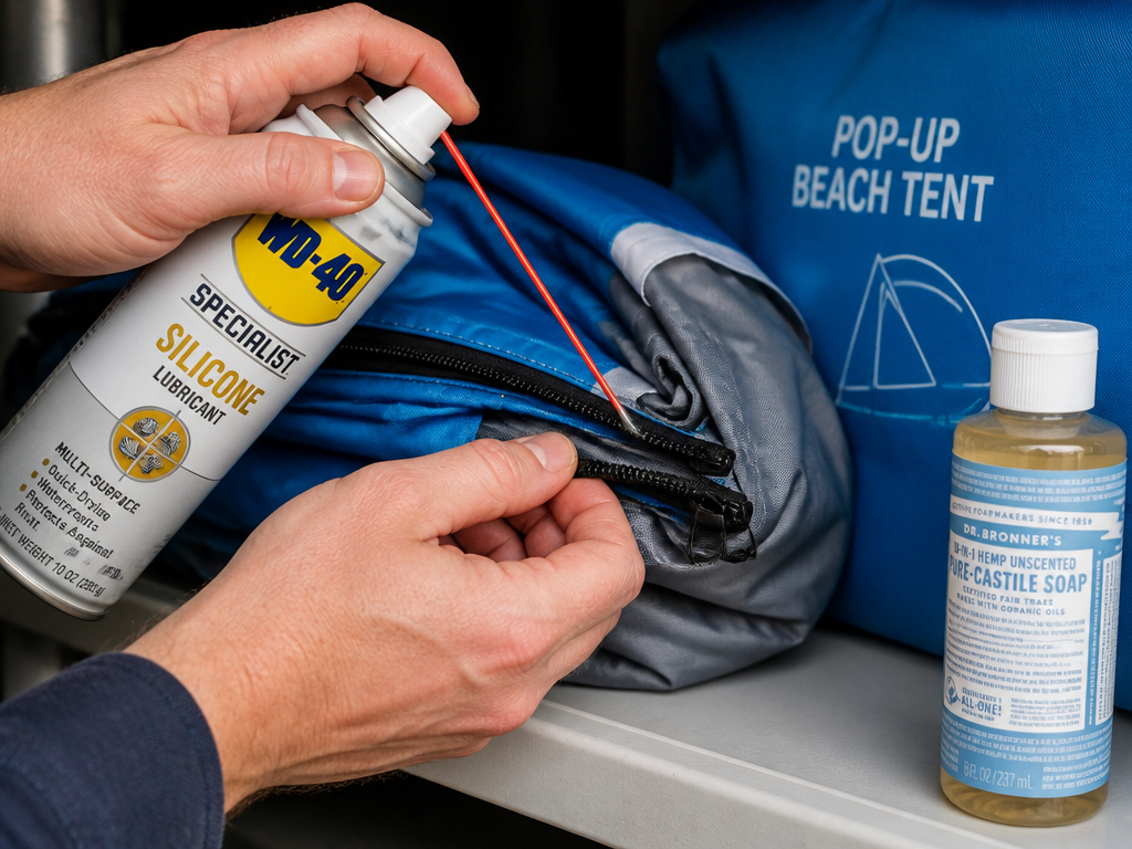 Cleaning and lubricating a folded pop-up beach tent zipper for storage.