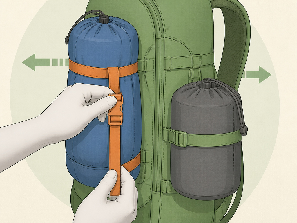 Side-mounting a tent to a backpack using vertical compression straps for balance.