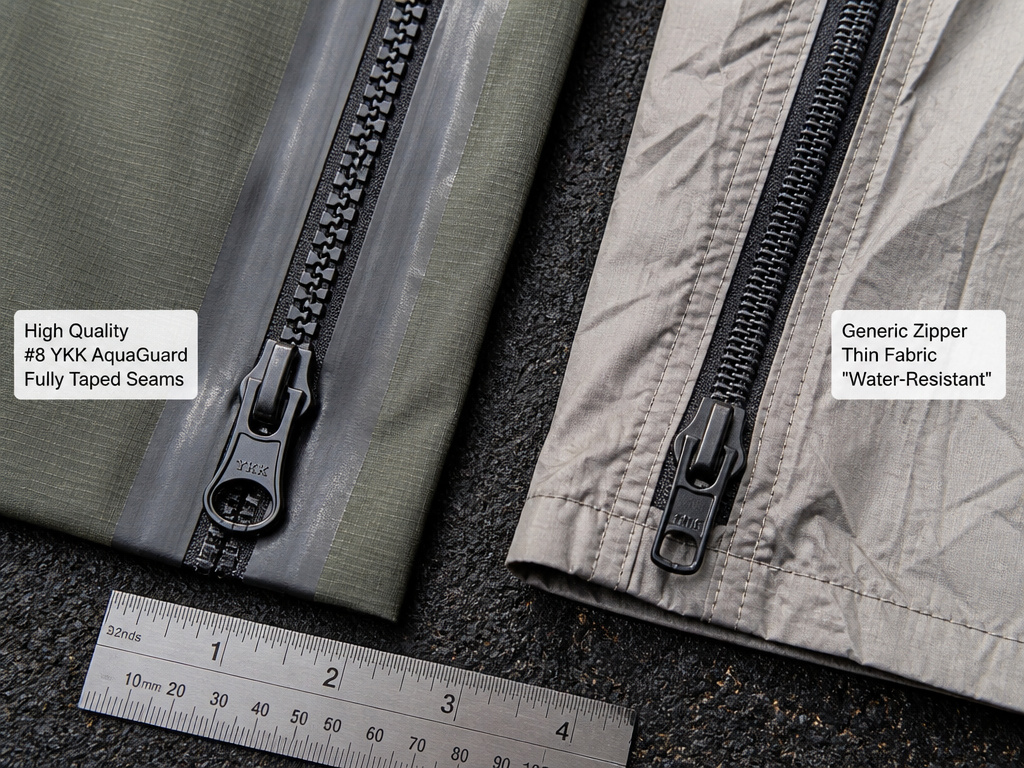 Close-up comparison of durable versus poor-quality tent fabric and zippers.