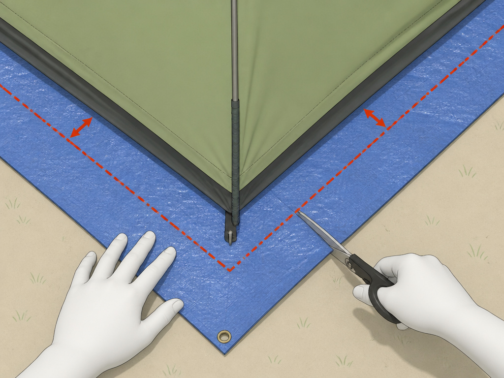 Diagram showing correct tarp sizing under a tent to prevent water pooling.