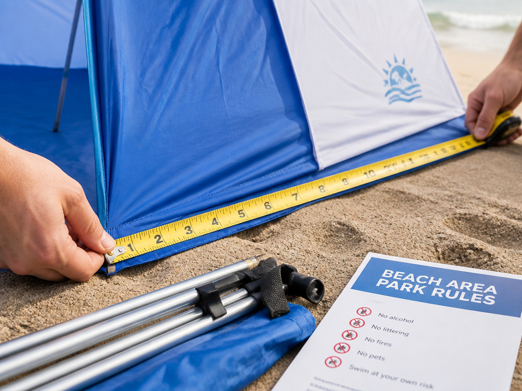 Measuring a pop-up beach tent on sand to comply with local size regulations.