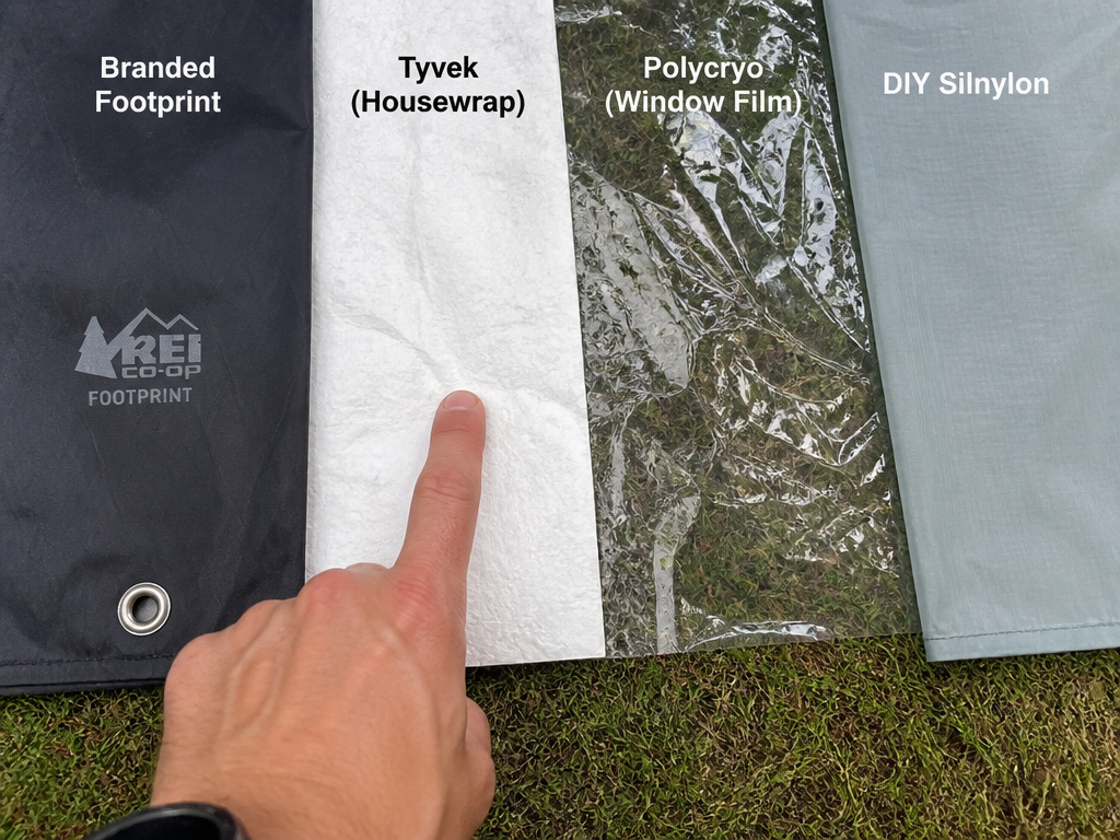 Four types of tent groundsheets compared: OEM, Tyvek, polycryo, and DIY silnylon.