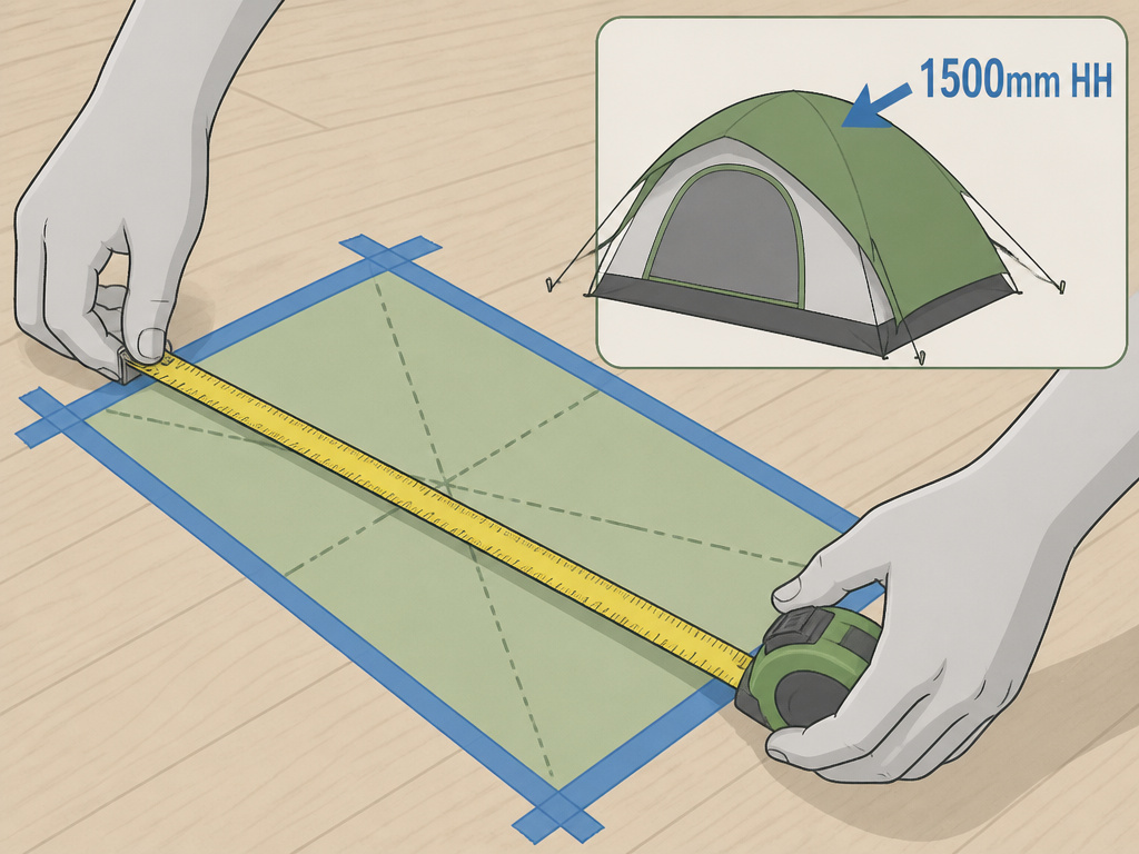 Cartoon diagram showing how to measure tent dimensions and check hydrostatic head rating.