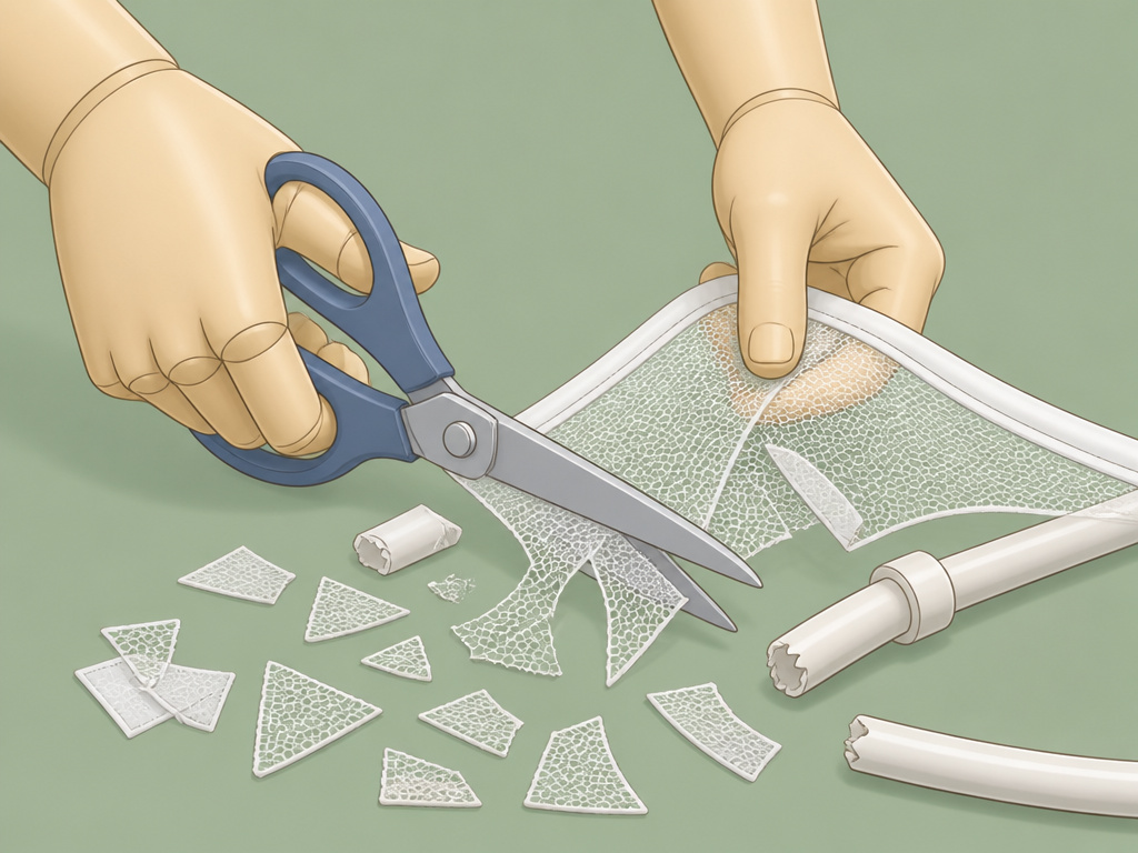 Cartoon hands safely destroying a recalled crib tent with scissors.
