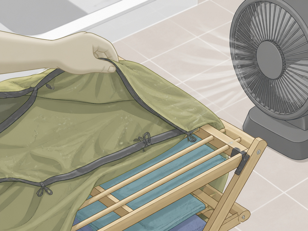 Drying a wet tent indoors using a drying rack and fan