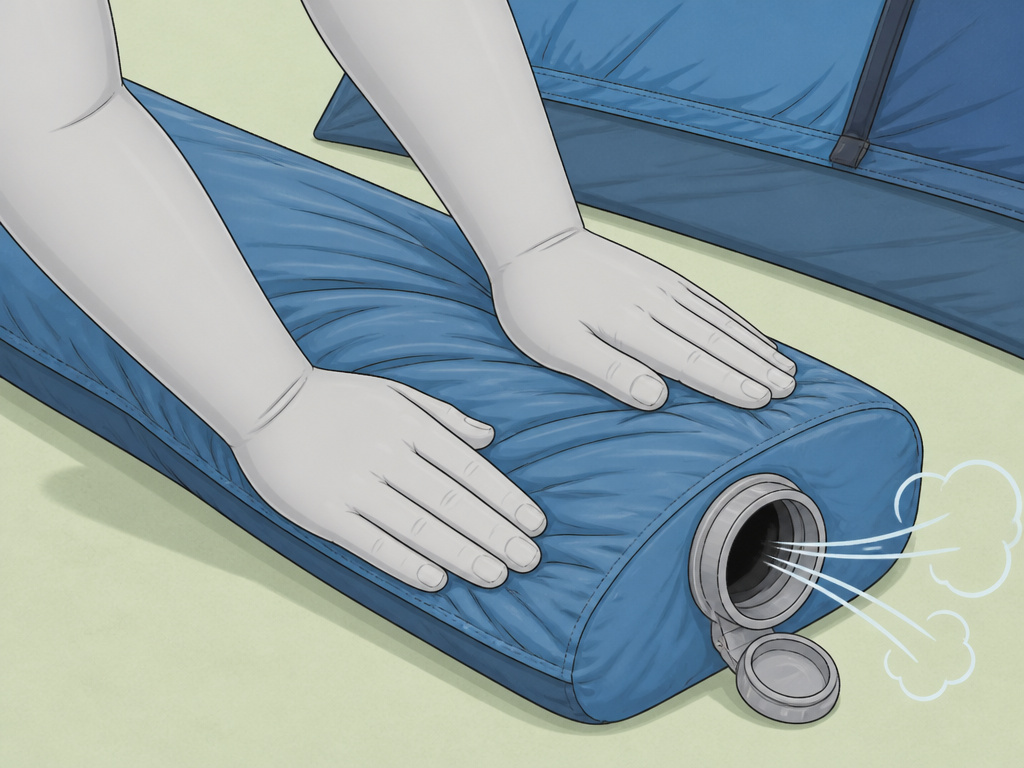 Close-up diagram showing how to deflate an inflatable air tent beam completely.