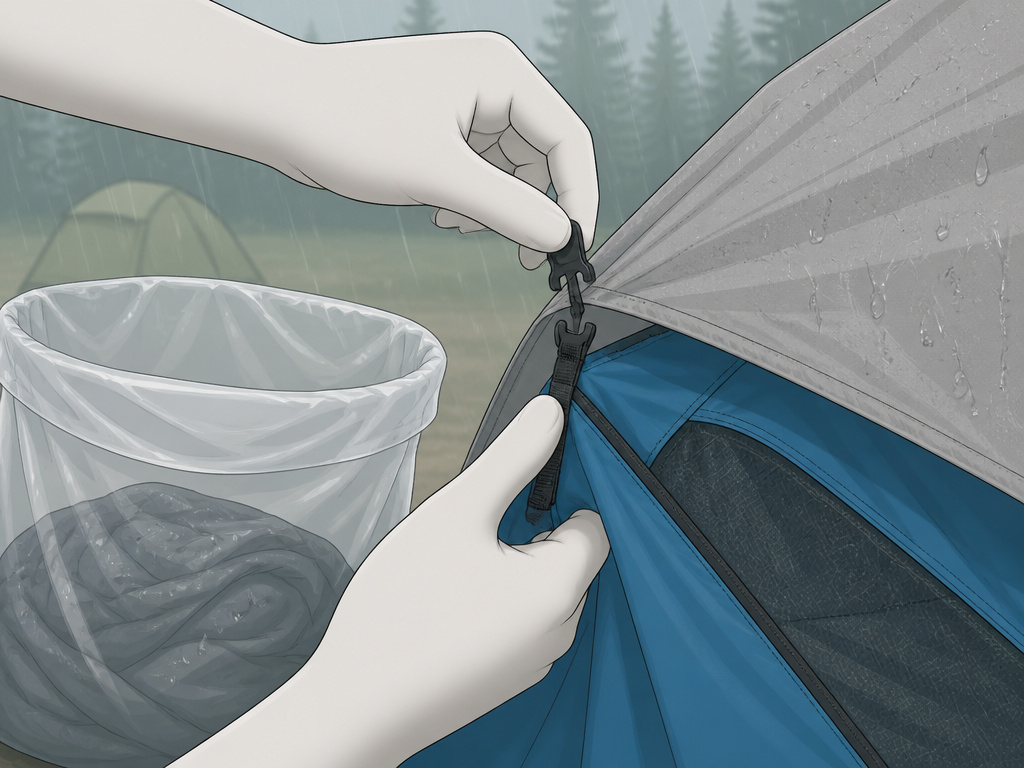 Separating a wet tent rainfly from a dry inner canopy during rainy teardown.
