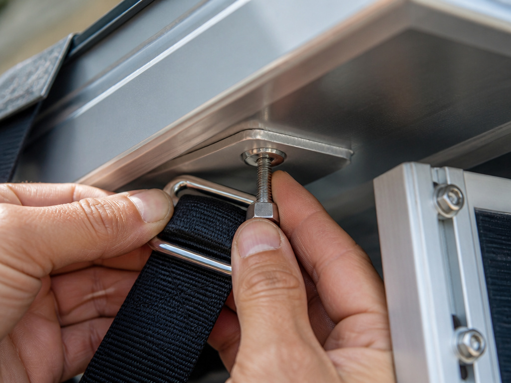 Close-up of mounting an accessory to a tent's aluminum lid using M6 bolt.